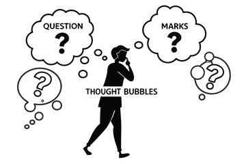 Simple line drawing, abstract human figure, question marks, thought bubbles, black and white, minimalist design, confusion concept, curiosity icon, decision-making symbol, problem-solving illustration