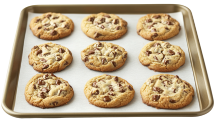 Freshly baked cookies or pastries on a baking sheet, ready for cooling, isolated on transparent background