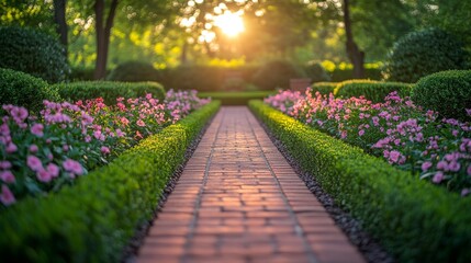 Obraz premium Walkway lined with flowers at sunset in a serene garden setting
