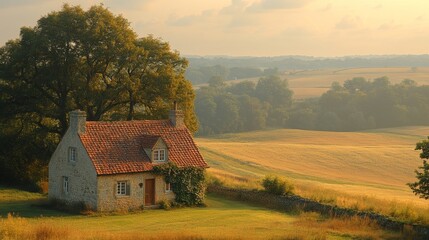 Fototapeta premium Cozy red brick cottage surrounded by golden fields under a cloudy sky