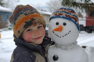 Winter joy with winter snow: cute child boy makes a frosty figure. Field games for children on cloudy snowing. Winter family photo. Family snow escape. Child snow outfit. Snowball play kids.