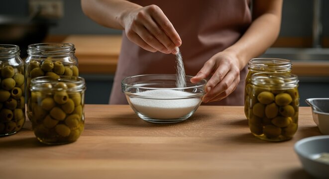 Woman adding salt to a bowl of sugar while preparing olives