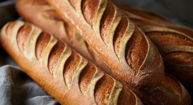 Freshly baked baguettes with a golden crust and intricate scoring - Powered by Adobe
