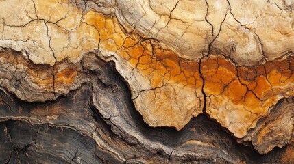 Fototapeta premium Close-up of drought cracked earth after fire with warm abstract patterns