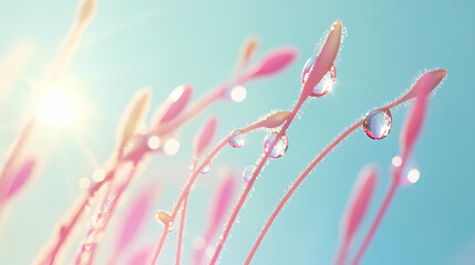 Dewdrops adorn a sundew plants delicate stem. Sundew. Illustration