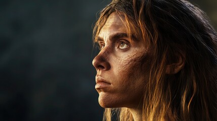 Profile of a young female with wild hair and rugged skin features gazing thoughtfully.