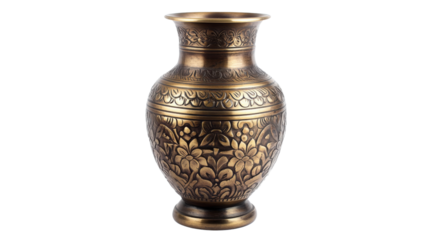 Front view of antique brass vase elegant and decorative, isolated on transparent background