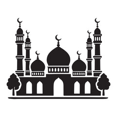 Detailed Mosque Silhouette with Trees and Minarets Illustration
