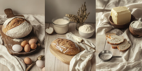 A baking-themed collage featuring flour, eggs, butter, sugar, measuring spoons, and fresh bread. 