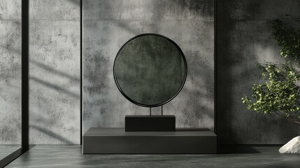 Oval Mirror Displayed On Modern Black Pedestal