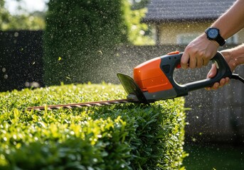Gardening, hedge trimming, electric trimmer, backyard, green shrubs, precision cutting, pruning, landscaping, sunset light, gardener's hands, power tool, well-maintained garden, outdoor maintenance, s