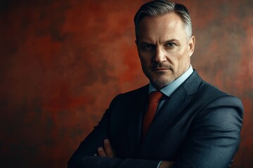 Fototapeta premium Professional man in gray suit poses confidently against a deep red background
