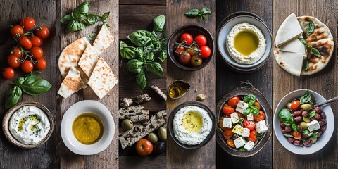 A collage featuring Mediterranean food items: olive oil, fresh basil leaves, cherry tomatoes, feta cheese, olives, hummus, pita bread, and a plate of vibrant Greek salad. 