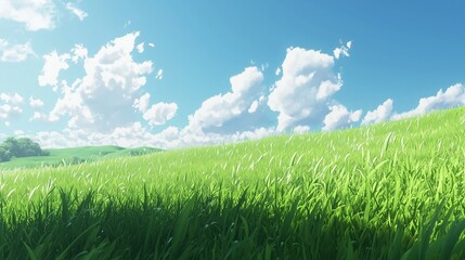 Green grass field under a blue sky, capturing the simplicity nature