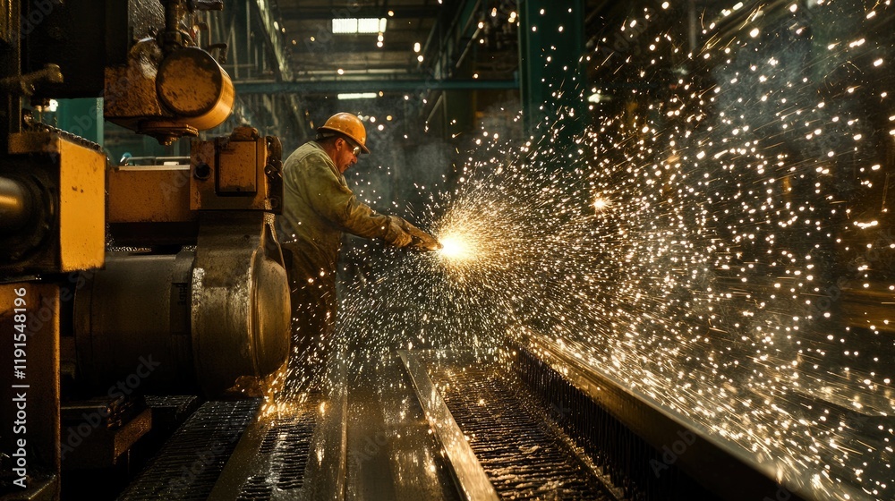 Poster industrial worker using metal cutting machine with sparks