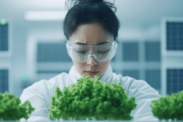Focused Korean Scientist Examining Green Samples in Innovative Solar-Powered Lab Setting