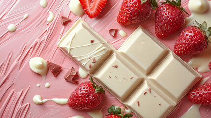 Sweet strawberries and creamy white chocolate create a tempting dessert arrangement on a pink background