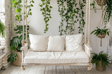 White Cushioned Swing Bench Mockup Hanging in a Serene Outdoor Setting with Soft Fabric and Relaxing Ambiance for Lifestyle or Home Decor Concepts