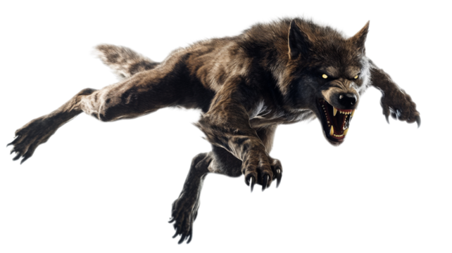 Werewolf in attack pose, isolated on transparent background