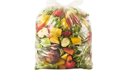 Full plastic trash bag containing food waste, with visible shapes of discarded fruits and vegetables, isolated on transparent background