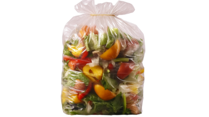 Full plastic trash bag containing food waste, with visible shapes of discarded fruits and vegetables, isolated on transparent background