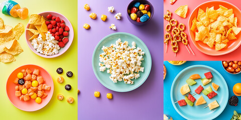 A vibrant collage of popular snacks: popcorn, chips with salsa, pretzels, candy bars, and fruit skewers. Styled on colorful plates and bowls with playful props for a fun and trendy vibe.