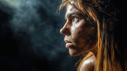 Profile of a woman with striking features and tribal face paint, staring intensely.