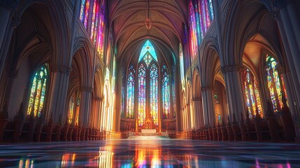 Interior of a Majestic Cathedral Illuminated by Vibrant Sunlight Through Stained Glass Windows, Casting Colorful Reflections on the Floor, Creating a Spiritual and Serene Atmosphere