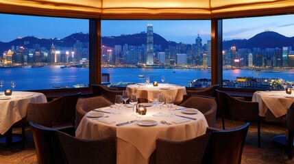 Elegant Dining Room Overlooking Hong Kong Cityscape At Night