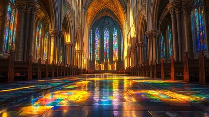 Interior of a Majestic Cathedral Illuminated by Vibrant Sunlight Through Stained Glass Windows, Casting Colorful Reflections on the Floor, Creating a Spiritual and Serene Atmosphere