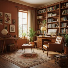Cozy study room, vintage wooden desk, leather armchair, wall-to-wall bookshelves, warm sunlight through window, potted plants, antique globe, framed portraits, old maps, rustic wooden floors, academic