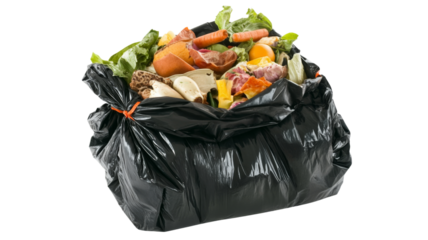 Garbage bag made of black plastic, packed with various food waste items, isolated on transparent background