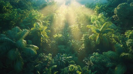 Obraz premium Sunbeams Illuminate Lush Tropical Rainforest Canopy
