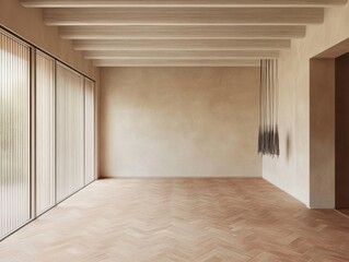 A room with a tan wall and a wooden floor