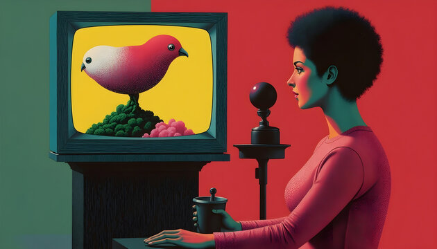 Mujer viendo una pantalla. Ilustraci&oacute;n pop surrealista