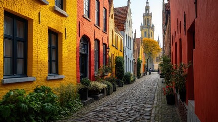 Obraz premium Colorful Brick Buildings Line A Cobblestone Street