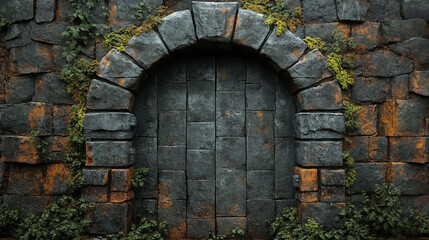 Stone arch doorway with climbing ivy creating mysterious medieval atmosphere