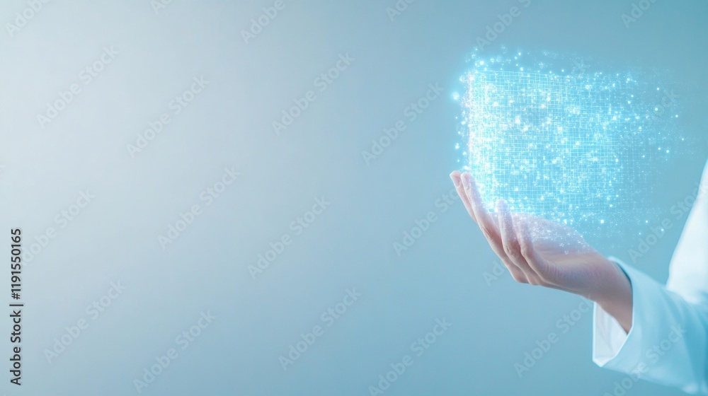 Poster futuristic holographic display in minimalist metallic style with cool blue gradients