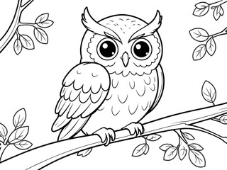 Obraz premium owl on a tree branch colouring book for kids,ink drawing,line art,clip art,simple line illustration,black and white