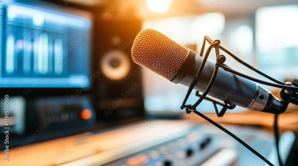 Leinwandbilder condenser microphone capturing sound in a recording studio, featuring audio editing software on a co