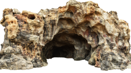 Geological rock formation resembling a cave entrance, featuring intricate details and rugged surfaces, isolated on transparent background