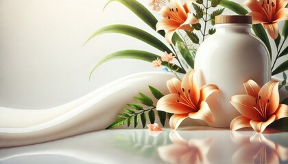 Minimalist Cosmetic Jar Surrounded by Lilies and Fresh Green Leaves