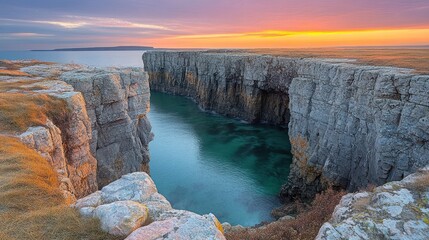 Dramatic sunset over a coastal cove with steep cliffs and turquoise water.