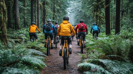 Mountain Bikers Riding Through A Lush Forest Trail