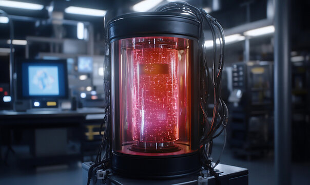 High-tech quantum computing lab with glowing core