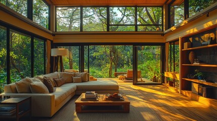 Fototapeta premium Modern Living Room Overlooking Lush Green Forest
