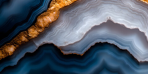 Obraz premium Abstract agate stone texture with blue, white, and gold hues. Swirling patterns create a luxurious, elegant backdrop.