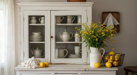 Vintage white cabinet, yellow flowers in vase, rustic kitchen decor, teapots and dishes, lemon fruit bowl, woven basket, shabby chic style, soft natural lighting, cozy home atmosphere, farmhouse aesth