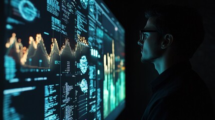 Close-Up Portrait of a Business Professional in Glasses Focused on Digital Data and Graphs Displayed on Screens, Representing Analytics, Technology, and Modern Business Intelligence