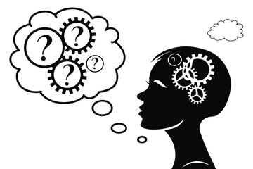 Simple line drawing, abstract human figure, question marks, thought bubbles, black and white, minimalist design, confusion concept, curiosity icon, decision-making symbol, problem-solving illustration